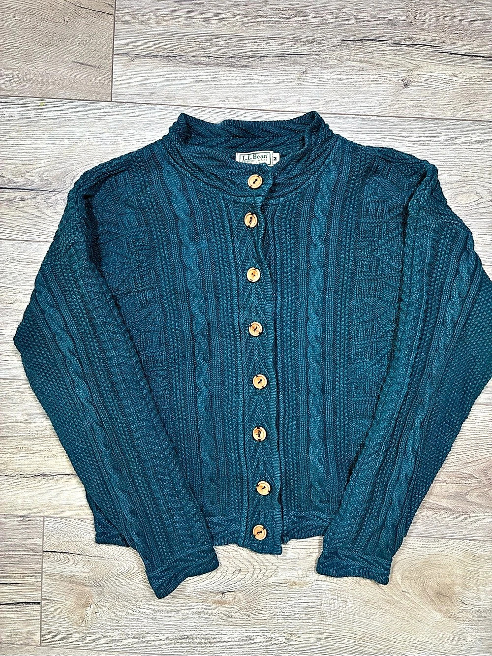 Vintage L.L.Bean Teal Cable Knit Cardigan Sweater USA Made Medium Flawed